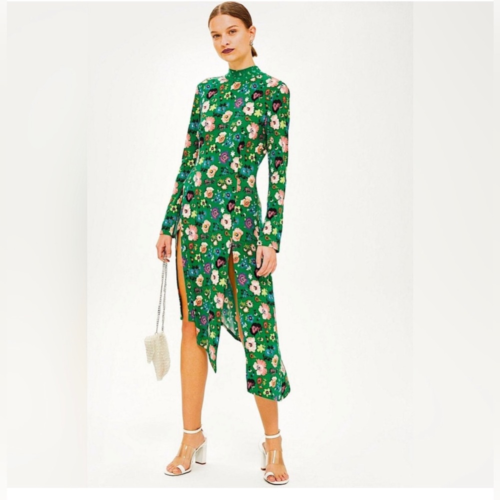 Top shop green midi floral dress, mock neck